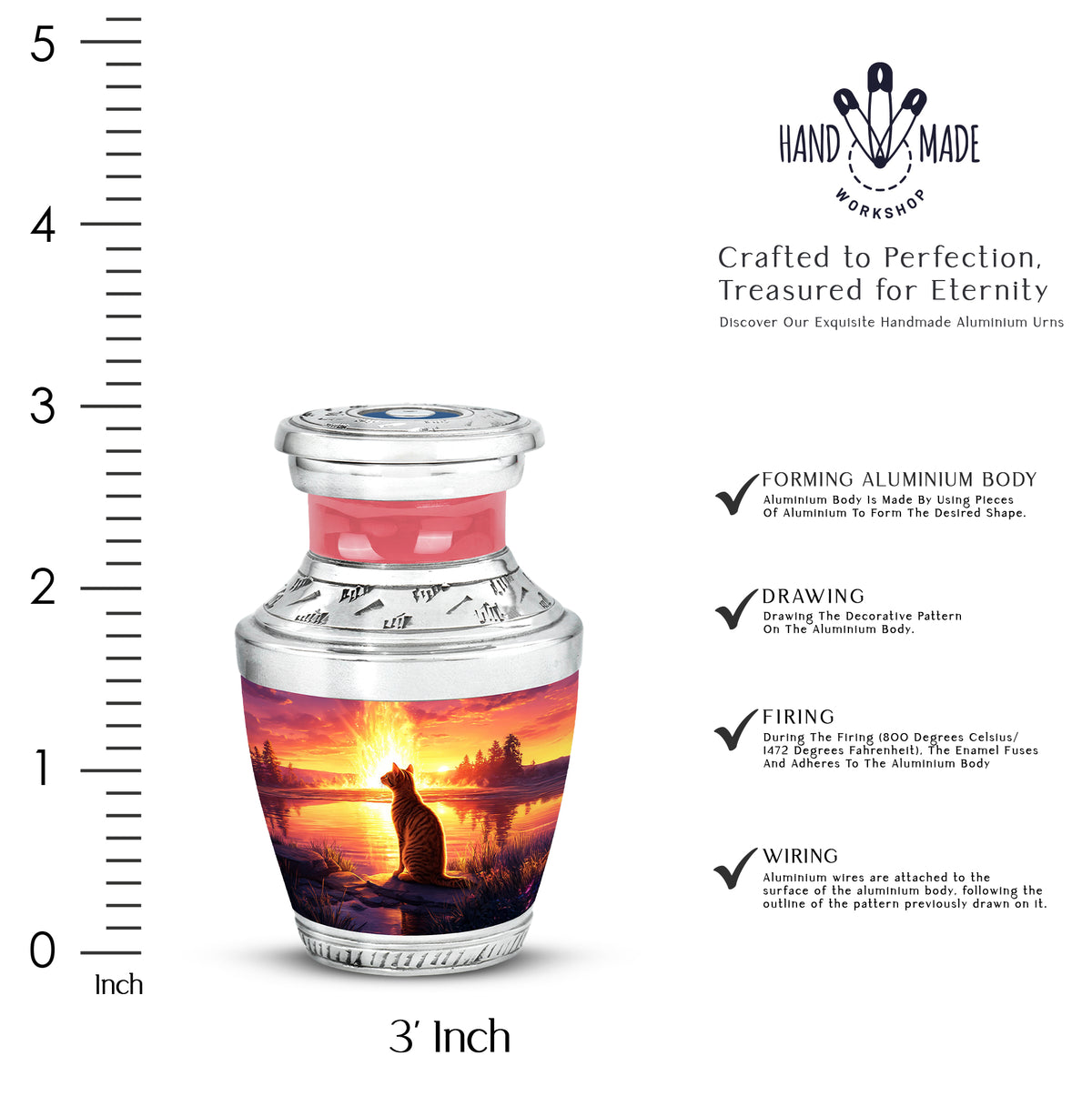 Scarlet Red Cat Cremation Urn top-down view of secure threaded lid - artistic cat interpretation with creative detail - mini keepsake memorial for portion of cremation ashes