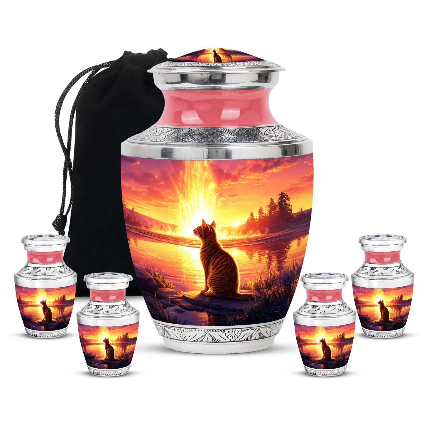 Crimson Red Cat Cremation Urn lifestyle display on memorial shelf - modern art-inspired cat motif on sleek aluminum - memorial set with one large and four small urns