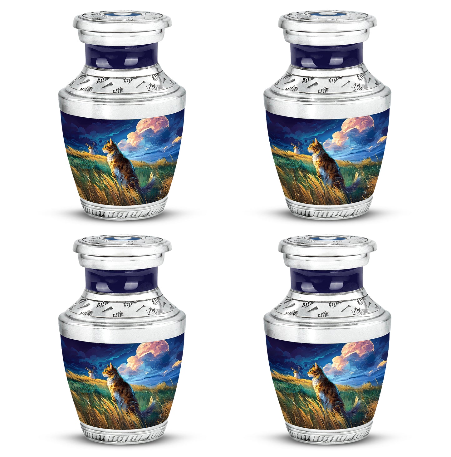 Navy Blue Cat Cremation Urn back view with polished surface - modern art-inspired cat motif on sleek aluminum - 10 inch aluminum urn for cremated remains