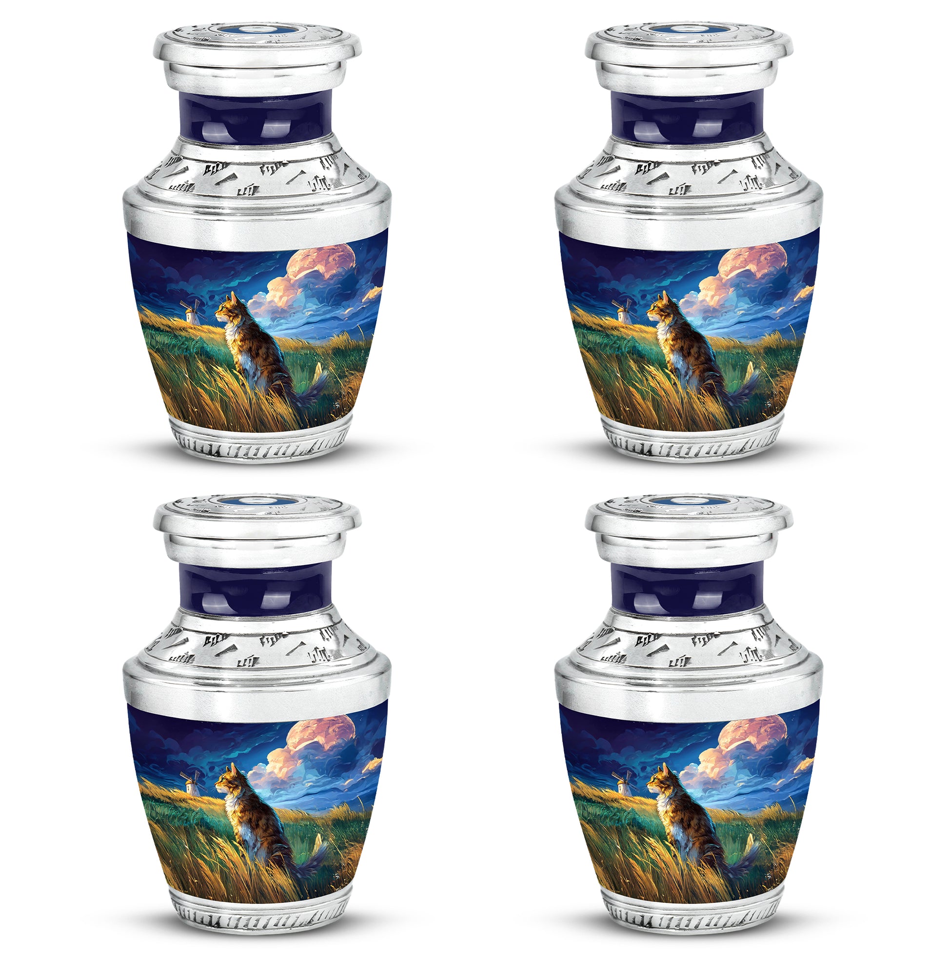 Navy Blue Cat Cremation Urn back view with polished surface - modern art-inspired cat motif on sleek aluminum - 10 inch aluminum urn for cremated remains