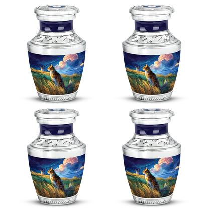 Navy Blue Cat Cremation Urn back view with polished surface - modern art-inspired cat motif on sleek aluminum - 10 inch aluminum urn for cremated remains