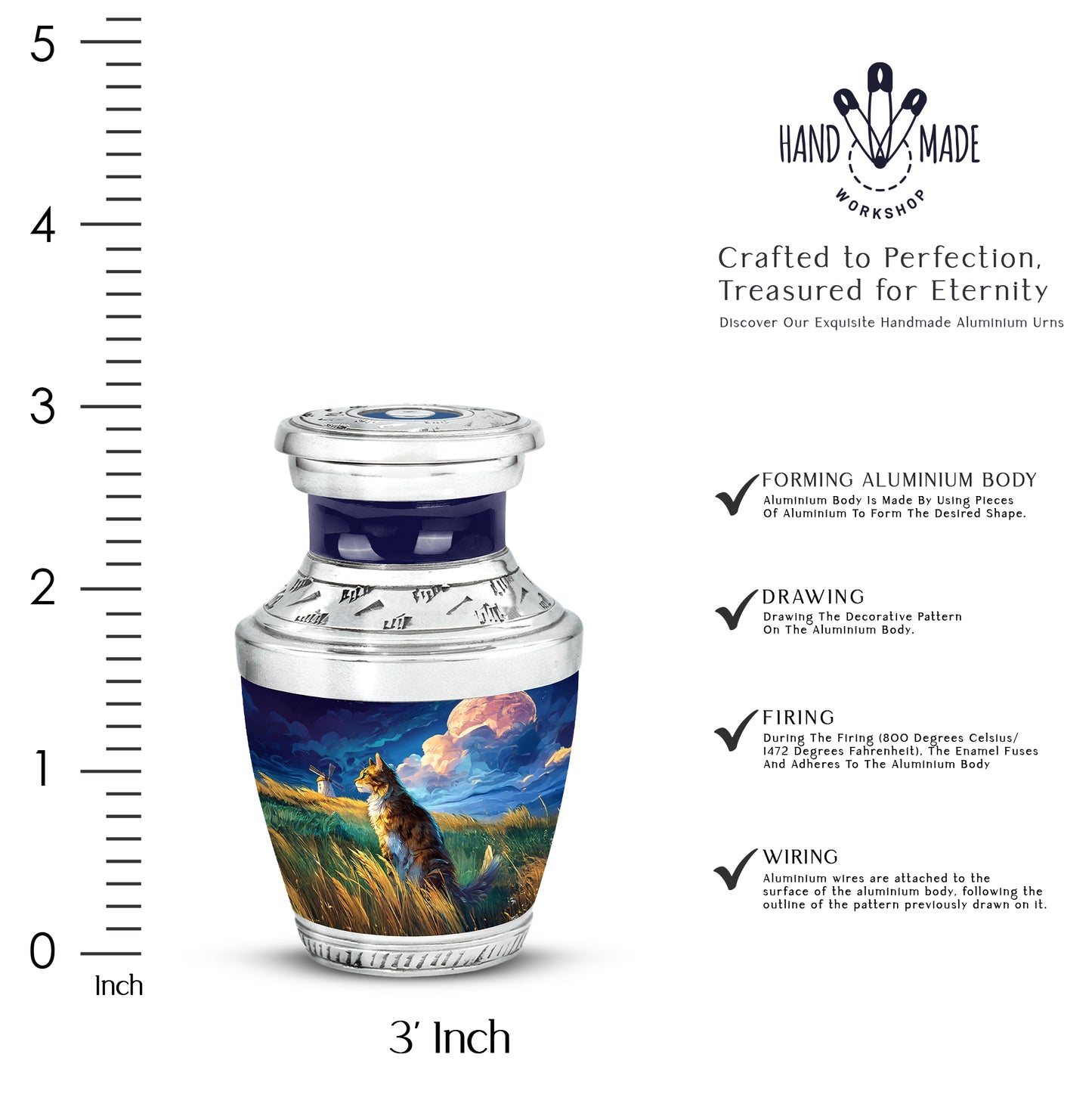 Twilight Blue Cat Cremation Urn top-down view of secure threaded lid - stylized abstract cat pattern with bold lines - mini keepsake memorial for portion of cremation ashes