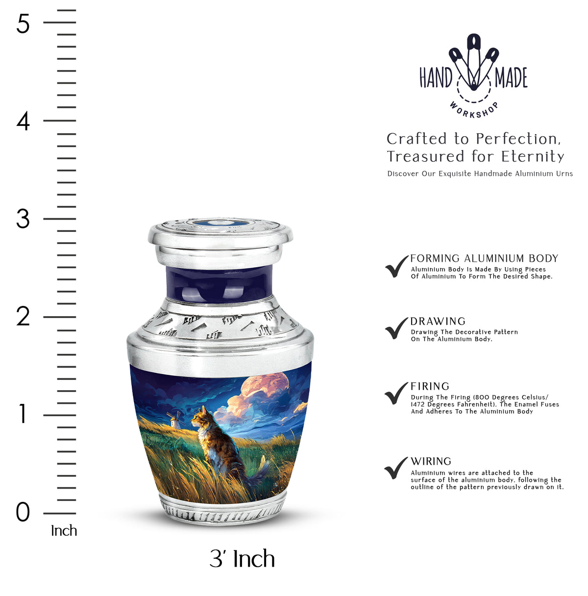 Twilight Blue Cat Cremation Urn top-down view of secure threaded lid - stylized abstract cat pattern with bold lines - mini keepsake memorial for portion of cremation ashes