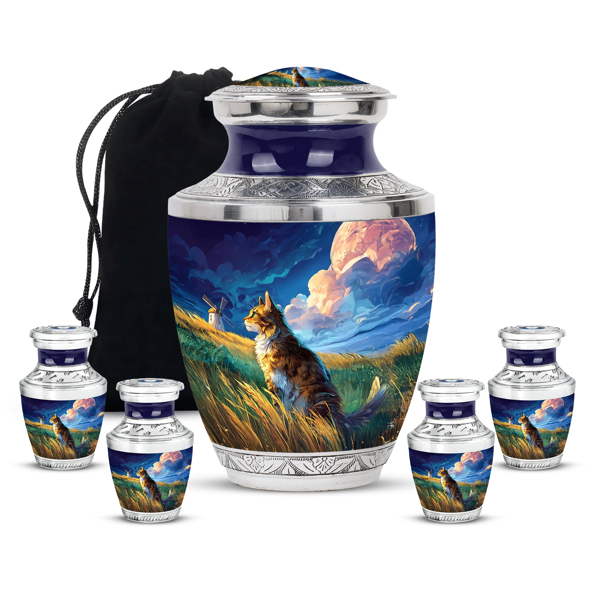 Soft Blue Cat Cremation Urn lifestyle display on memorial shelf - artistic cat interpretation with creative detail - memorial set with one large and four small urns