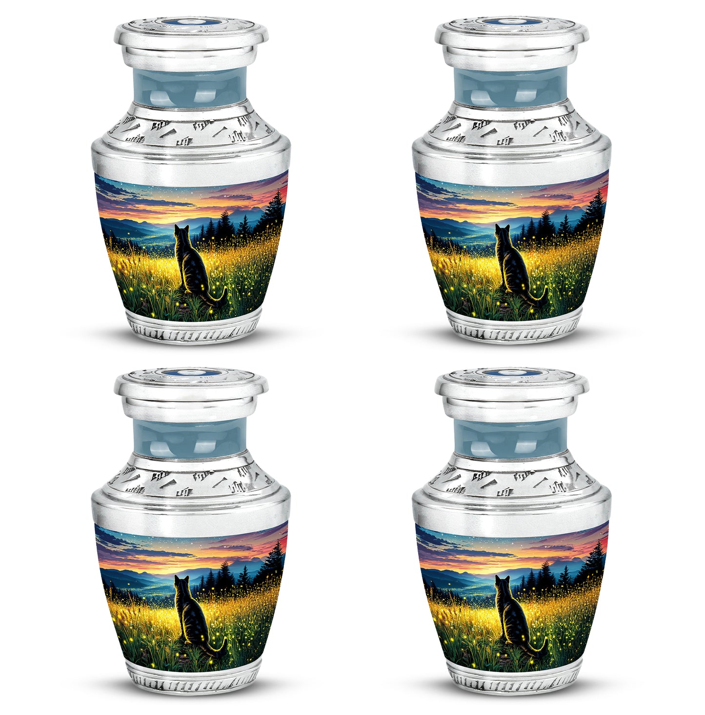Amber Gold Cat Cremation Urn back view with polished surface - modern art-inspired cat motif on sleek aluminum - 10 inch aluminum urn for cremated remains