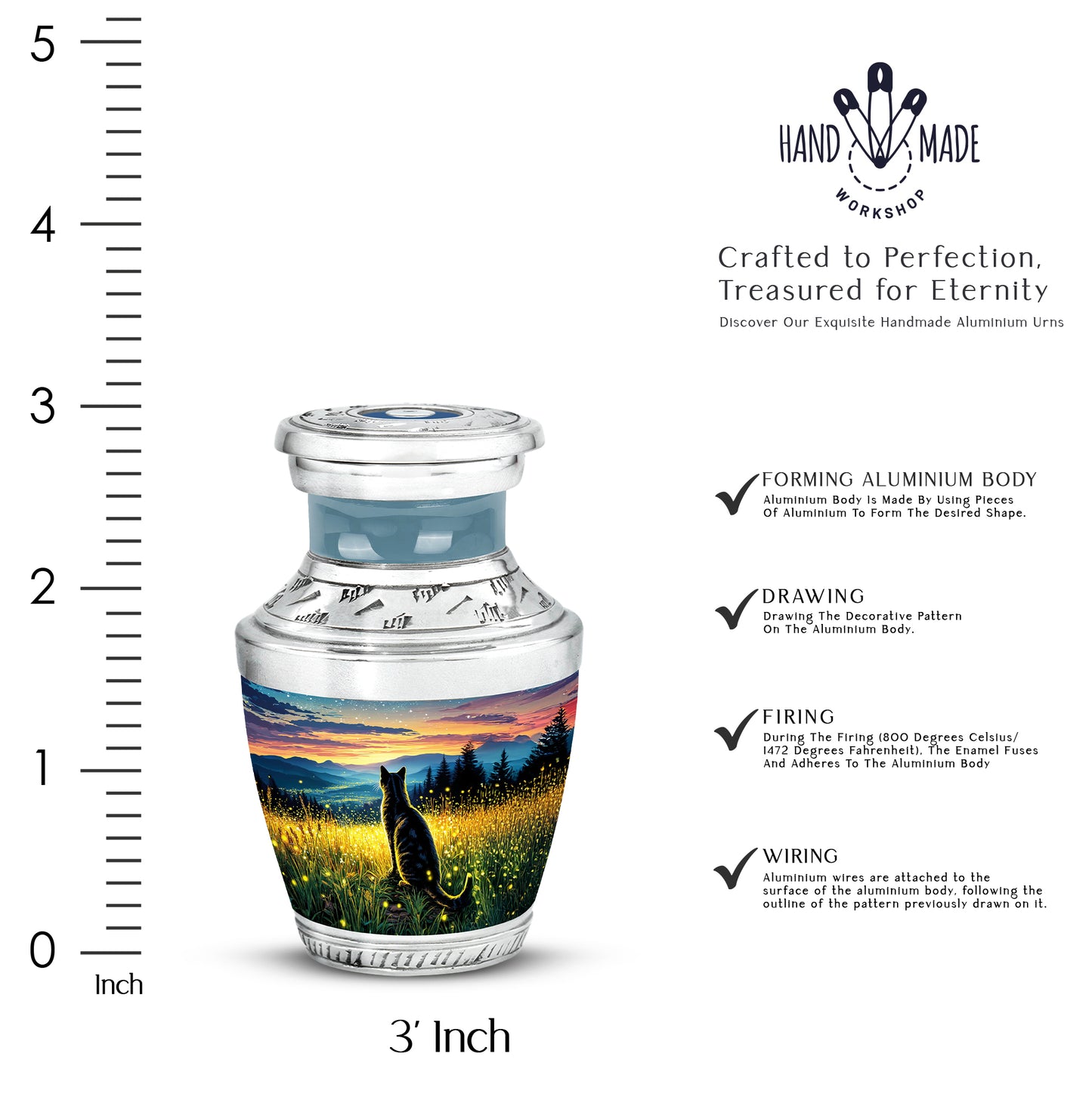 Champagne Gold Cat Cremation Urn top-down view of secure threaded lid - modern art-inspired cat motif on sleek aluminum - mini keepsake memorial for portion of cremation ashes