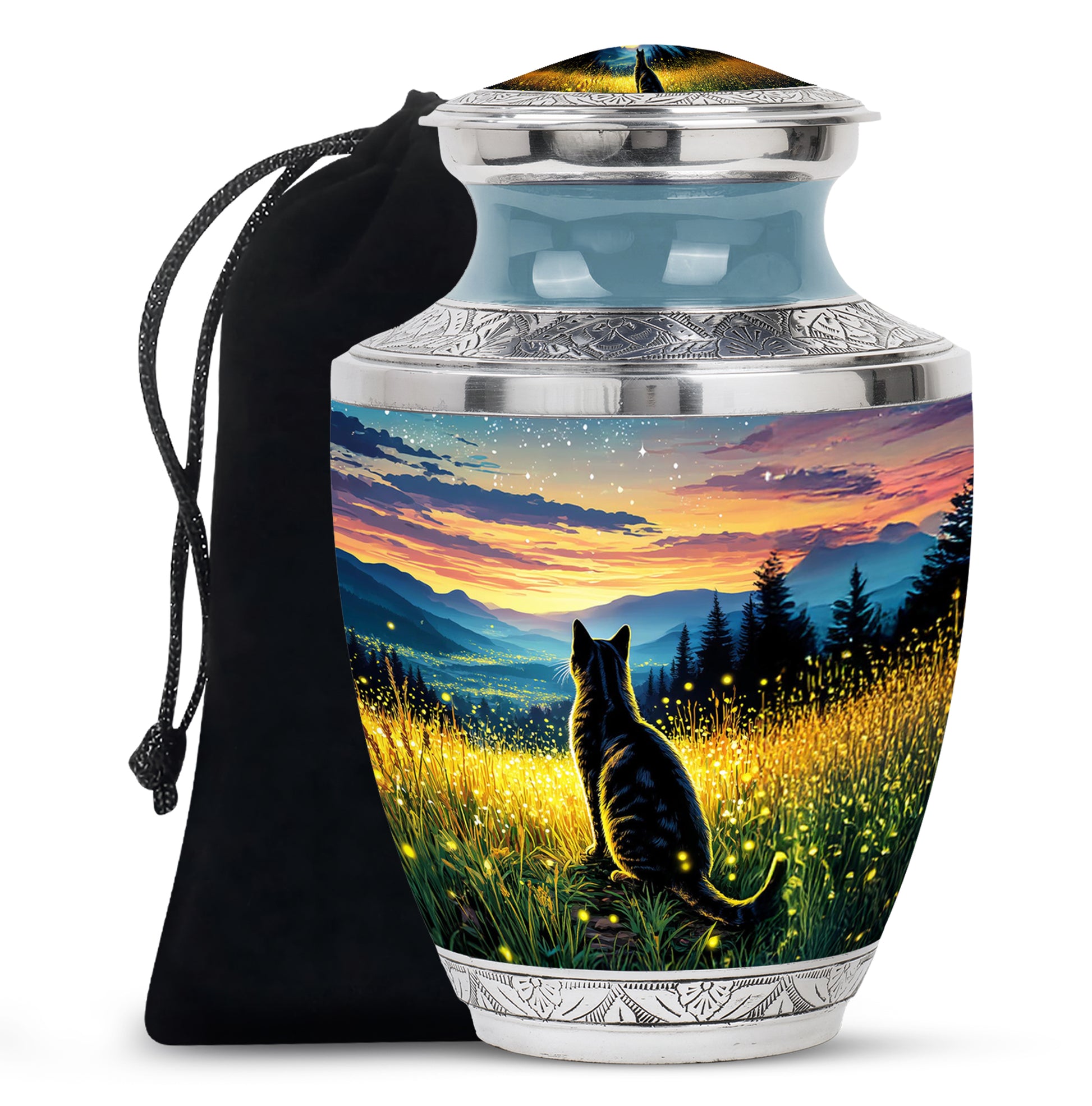 Gilded Gold Cat Cremation Urn side profile showing urn shape - modern art-inspired cat motif on sleek aluminum - full-size 10 inch 200 cubic inch adult cremation urn