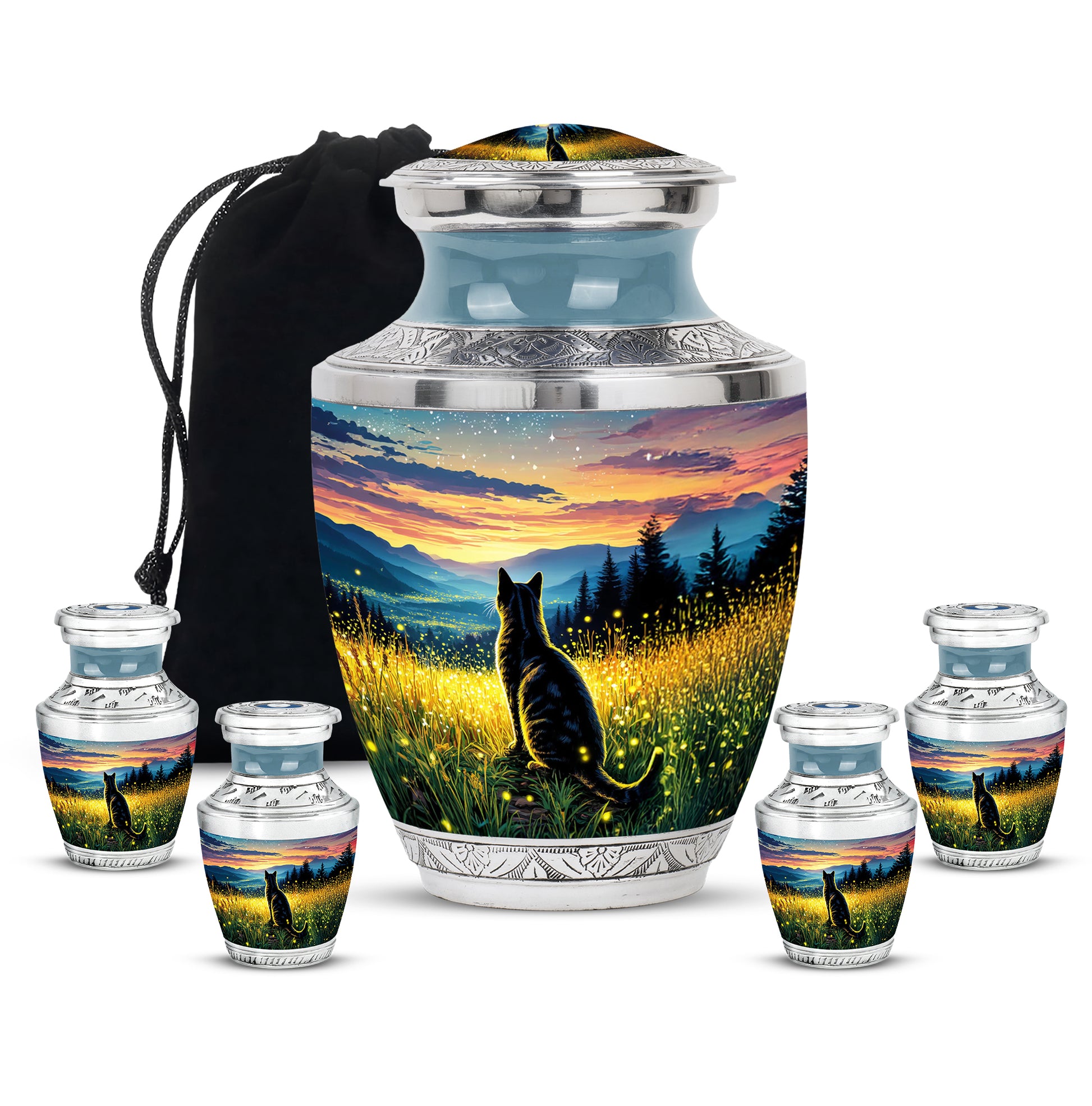 Sunrise Gold Cat Cremation Urn lifestyle display on memorial shelf - modern art-inspired cat motif on sleek aluminum - memorial set with one large and four small urns