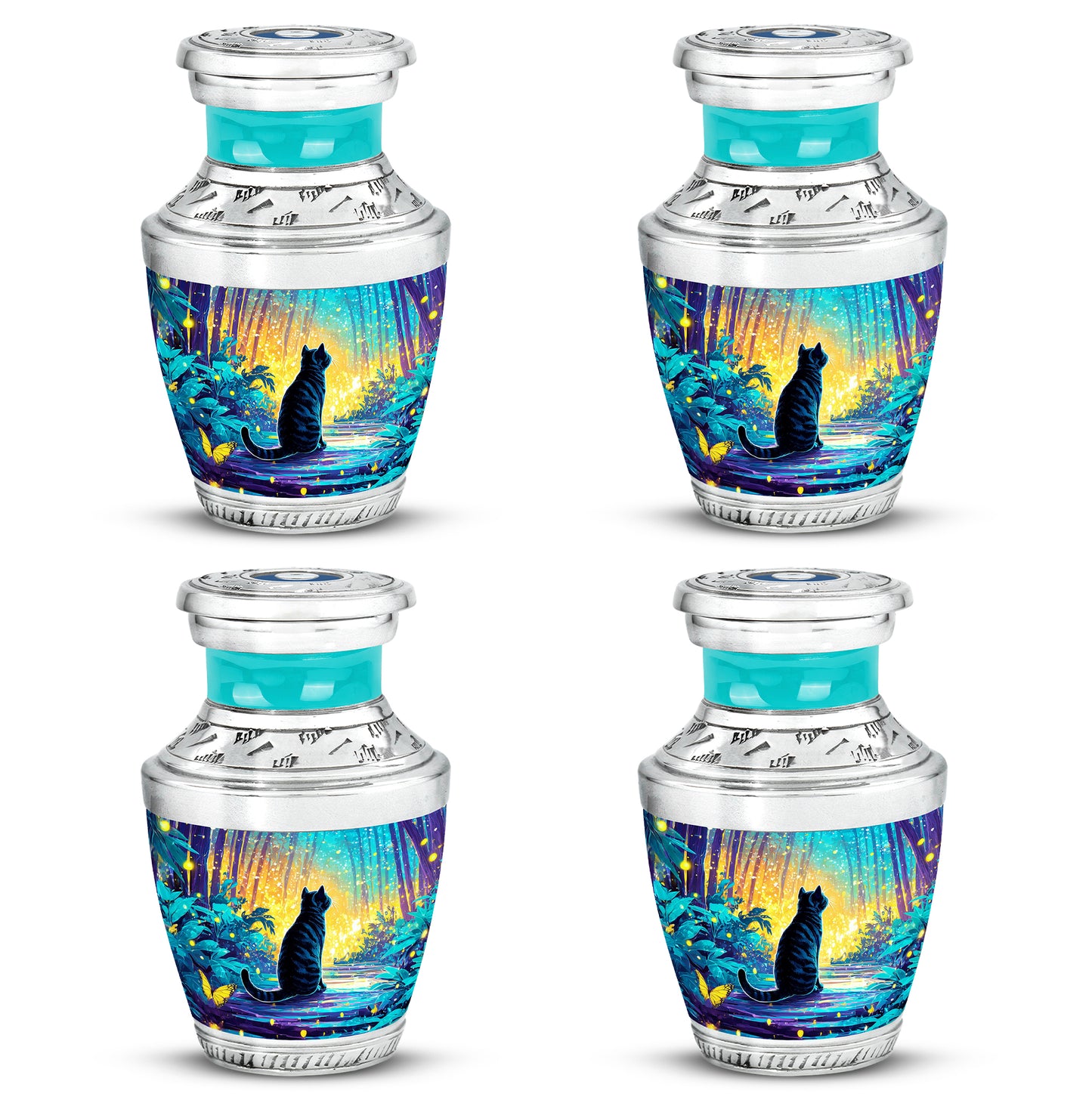 Vivid Teal Cat Cremation Urn back view with polished surface - artistic cat interpretation with creative detail - 10 inch aluminum urn for cremated remains