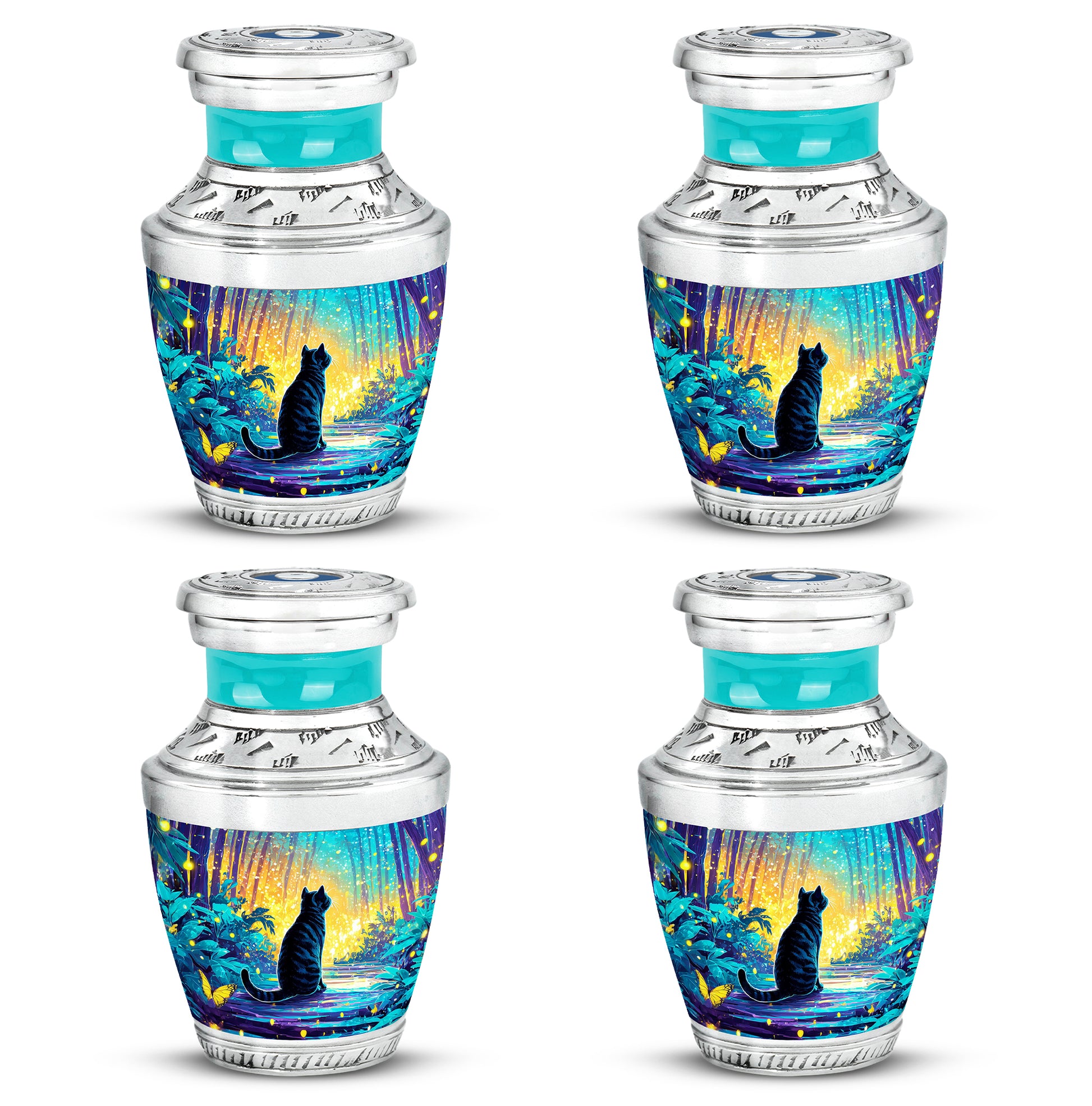 Vivid Teal Cat Cremation Urn back view with polished surface - artistic cat interpretation with creative detail - 10 inch aluminum urn for cremated remains