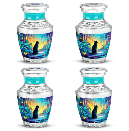 Vivid Teal Cat Cremation Urn back view with polished surface - artistic cat interpretation with creative detail - 10 inch aluminum urn for cremated remains