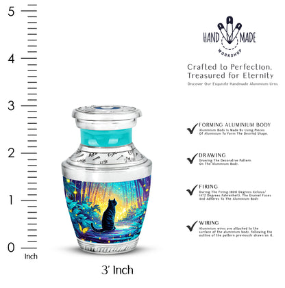 Mystic Teal Cat Cremation Urn top-down view of secure threaded lid - artistic cat interpretation with creative detail - mini keepsake memorial for portion of cremation ashes