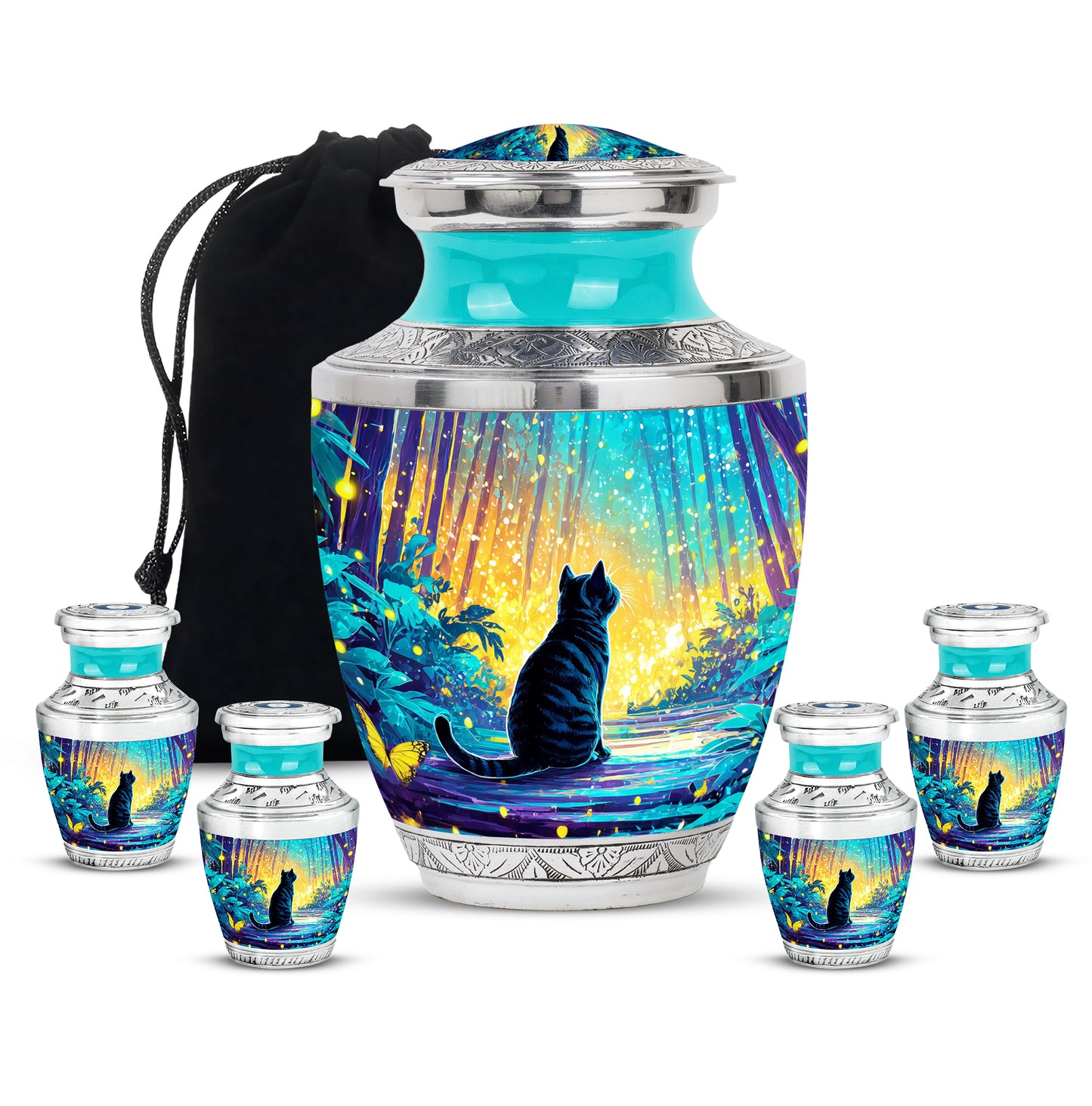 Vivid Teal Cat Cremation Urn lifestyle display on memorial shelf - stylized abstract cat pattern with bold lines - memorial set with one large and four small urns