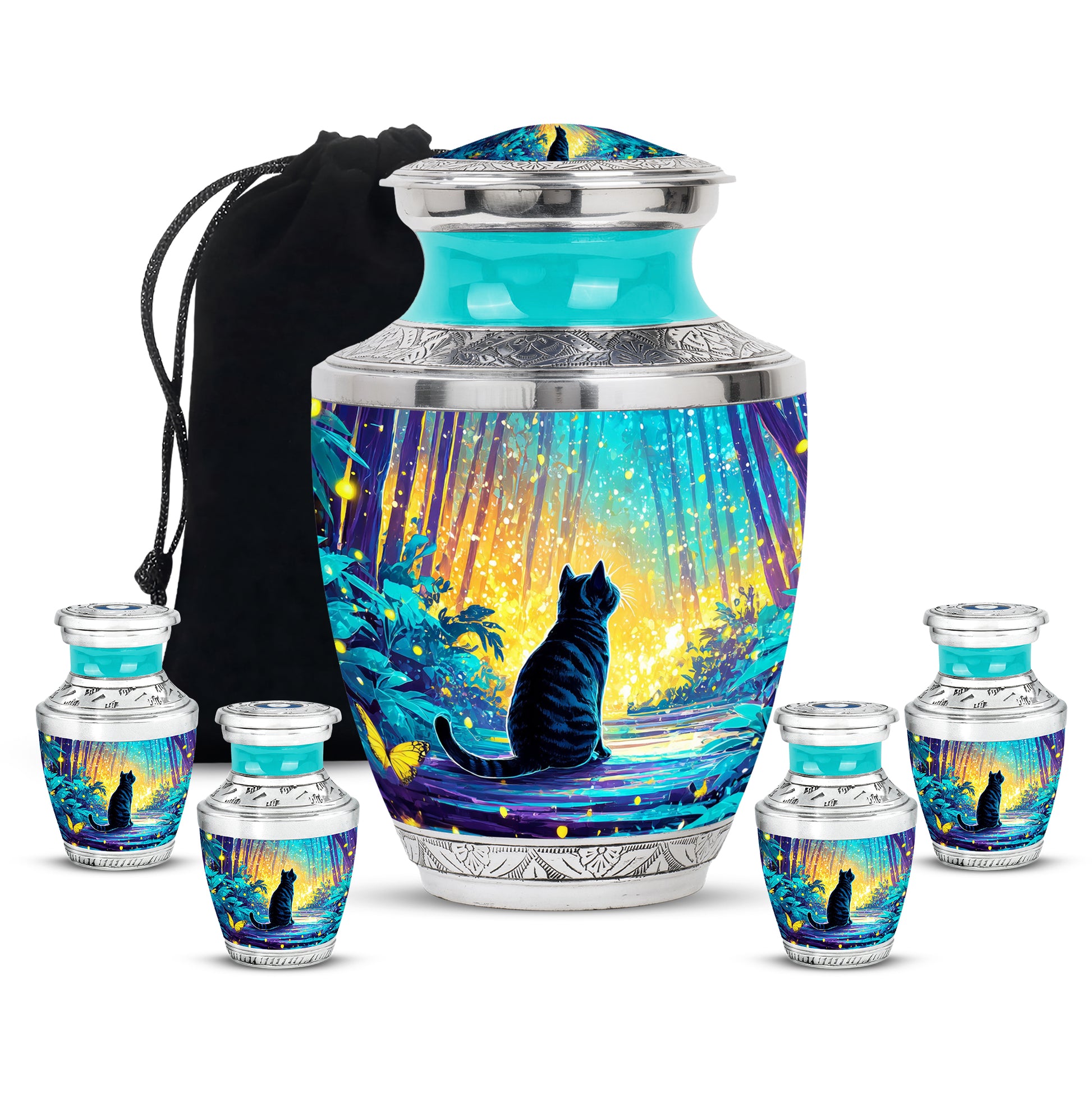 Vivid Teal Cat Cremation Urn lifestyle display on memorial shelf - stylized abstract cat pattern with bold lines - memorial set with one large and four small urns