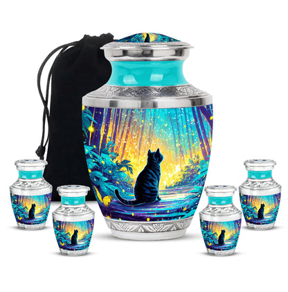Vivid Teal Cat Cremation Urn lifestyle display on memorial shelf - stylized abstract cat pattern with bold lines - memorial set with one large and four small urns