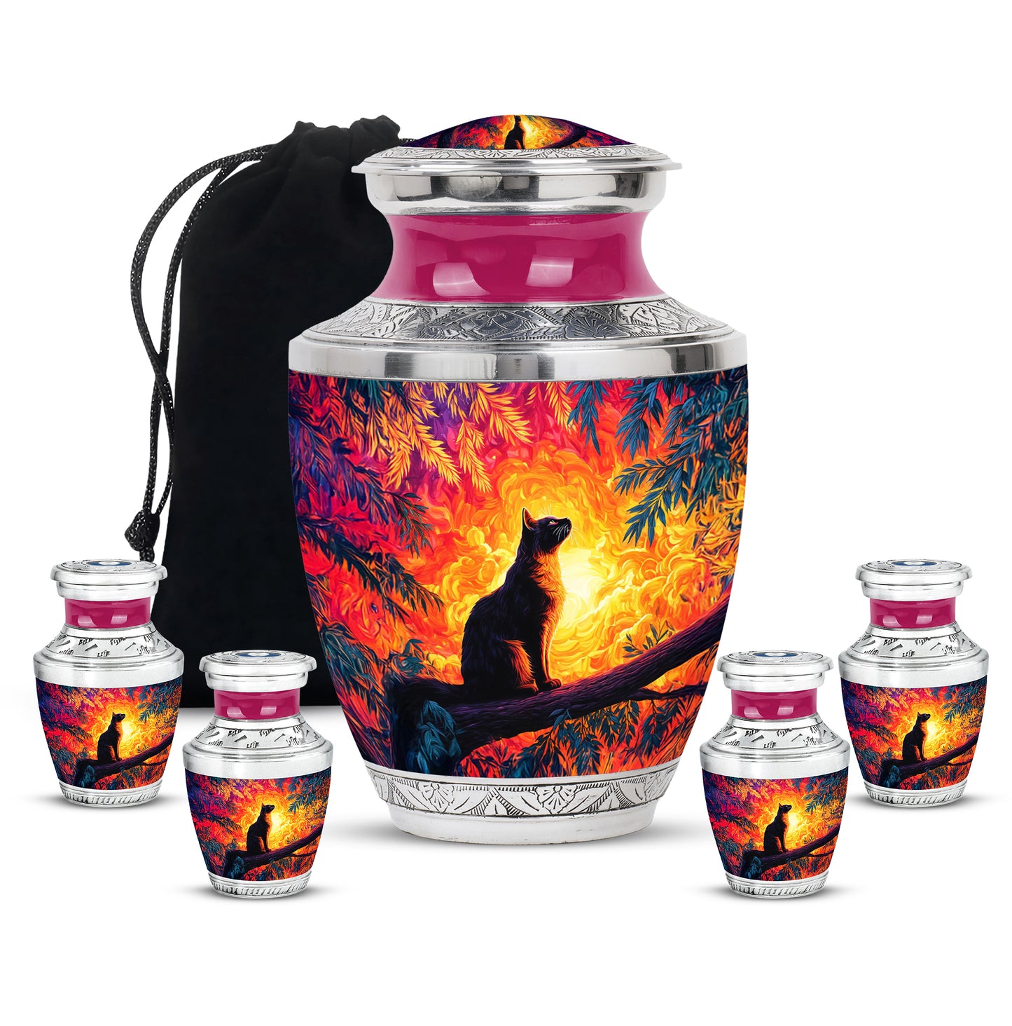 Burgundy Red Cat Cremation Urn lifestyle display on memorial shelf - modern art-inspired cat motif on sleek aluminum - memorial set with one large and four small urns