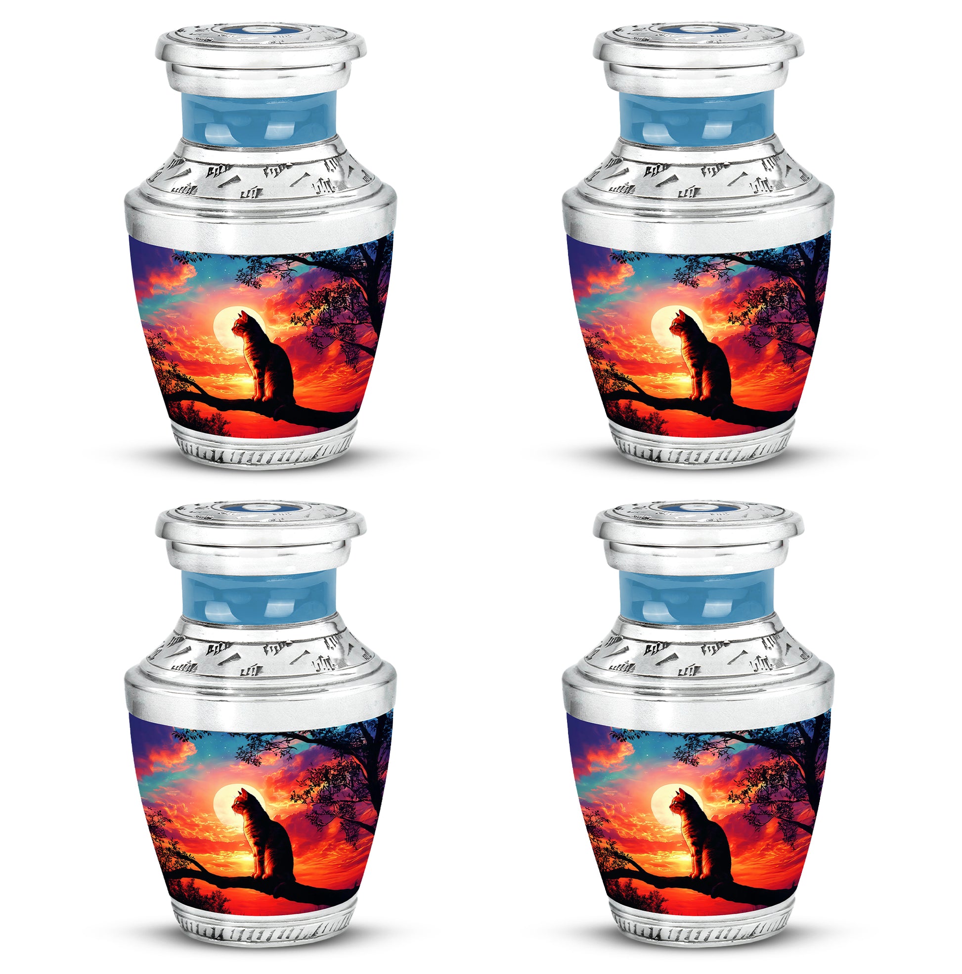 Cobalt Blue Cat Cremation Urn back view with polished surface - stylized abstract cat pattern with bold lines - 10 inch aluminum urn for cremated remains