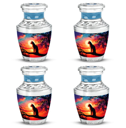 Cobalt Blue Cat Cremation Urn back view with polished surface - stylized abstract cat pattern with bold lines - 10 inch aluminum urn for cremated remains