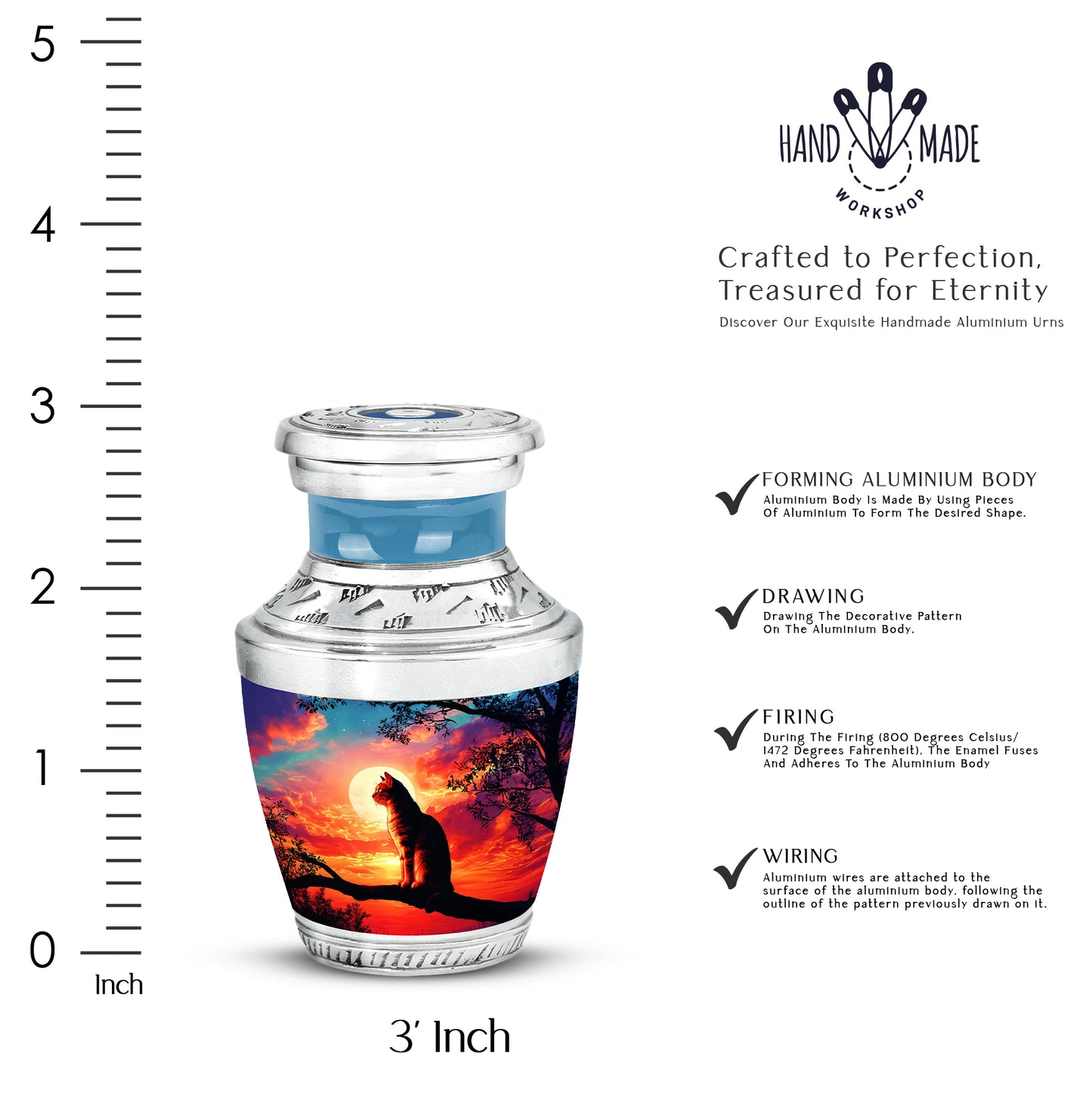Cobalt Blue Cat Cremation Urn top-down view of secure threaded lid - stylized abstract cat pattern with bold lines - mini keepsake memorial for portion of cremation ashes