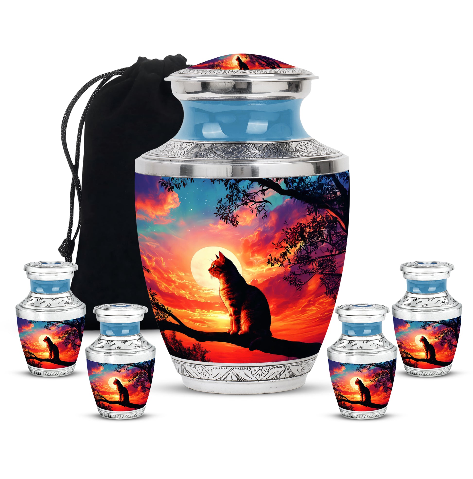 Icy Blue Cat Cremation Urn lifestyle display on memorial shelf - contemporary cat design with modern artistic flair - memorial set with one large and four small urns