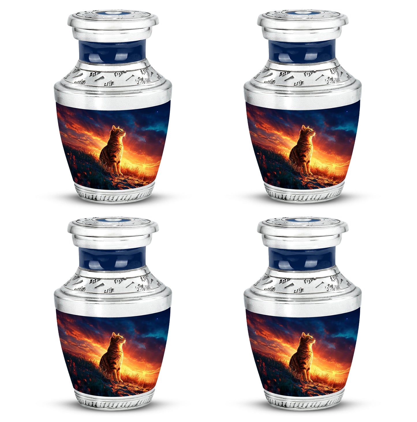 Steel Blue Cat Cremation Urn back view with polished surface - artistic cat interpretation with creative detail - 10 inch aluminum urn for cremated remains