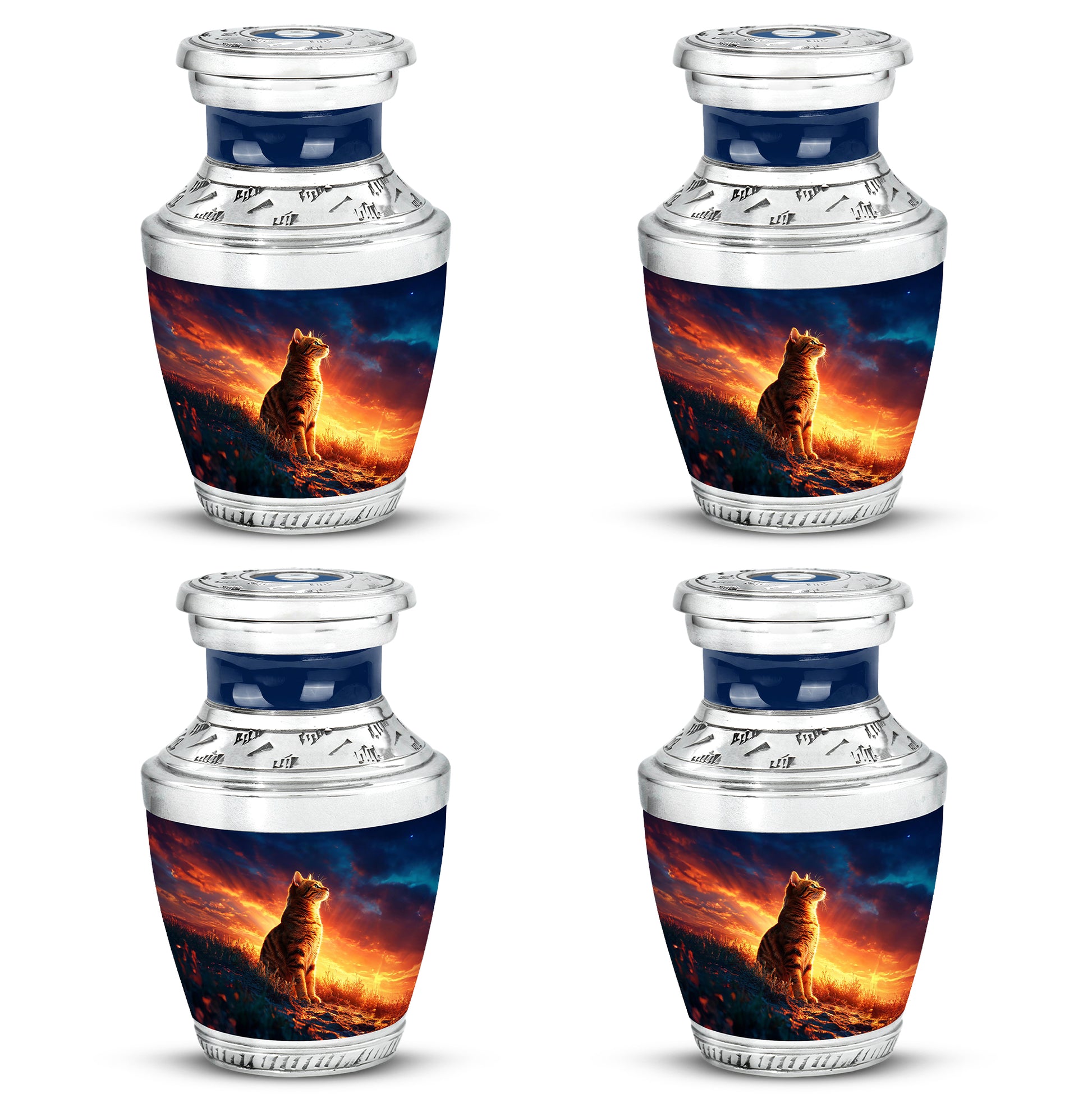 Steel Blue Cat Cremation Urn back view with polished surface - artistic cat interpretation with creative detail - 10 inch aluminum urn for cremated remains