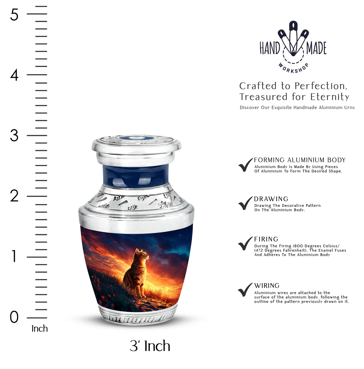 Navy Blue Cat Cremation Urn top-down view of secure threaded lid - contemporary cat design with modern artistic flair - mini keepsake memorial for portion of cremation ashes