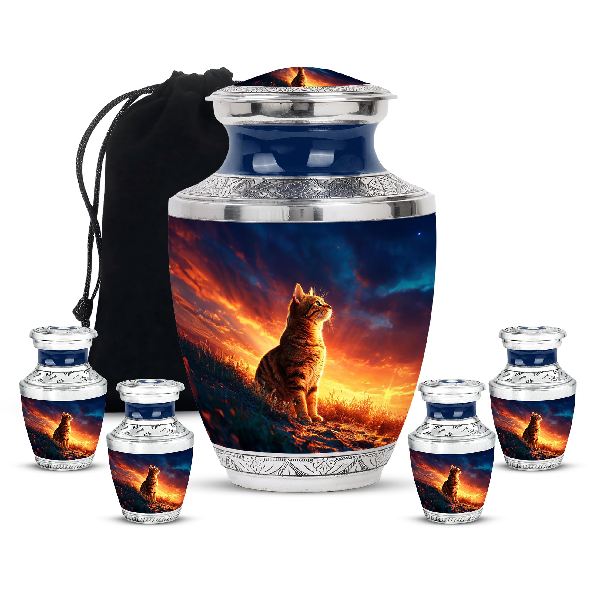 Cornflower Blue Cat Cremation Urn lifestyle display on memorial shelf - artistic cat interpretation with creative detail - memorial set with one large and four small urns