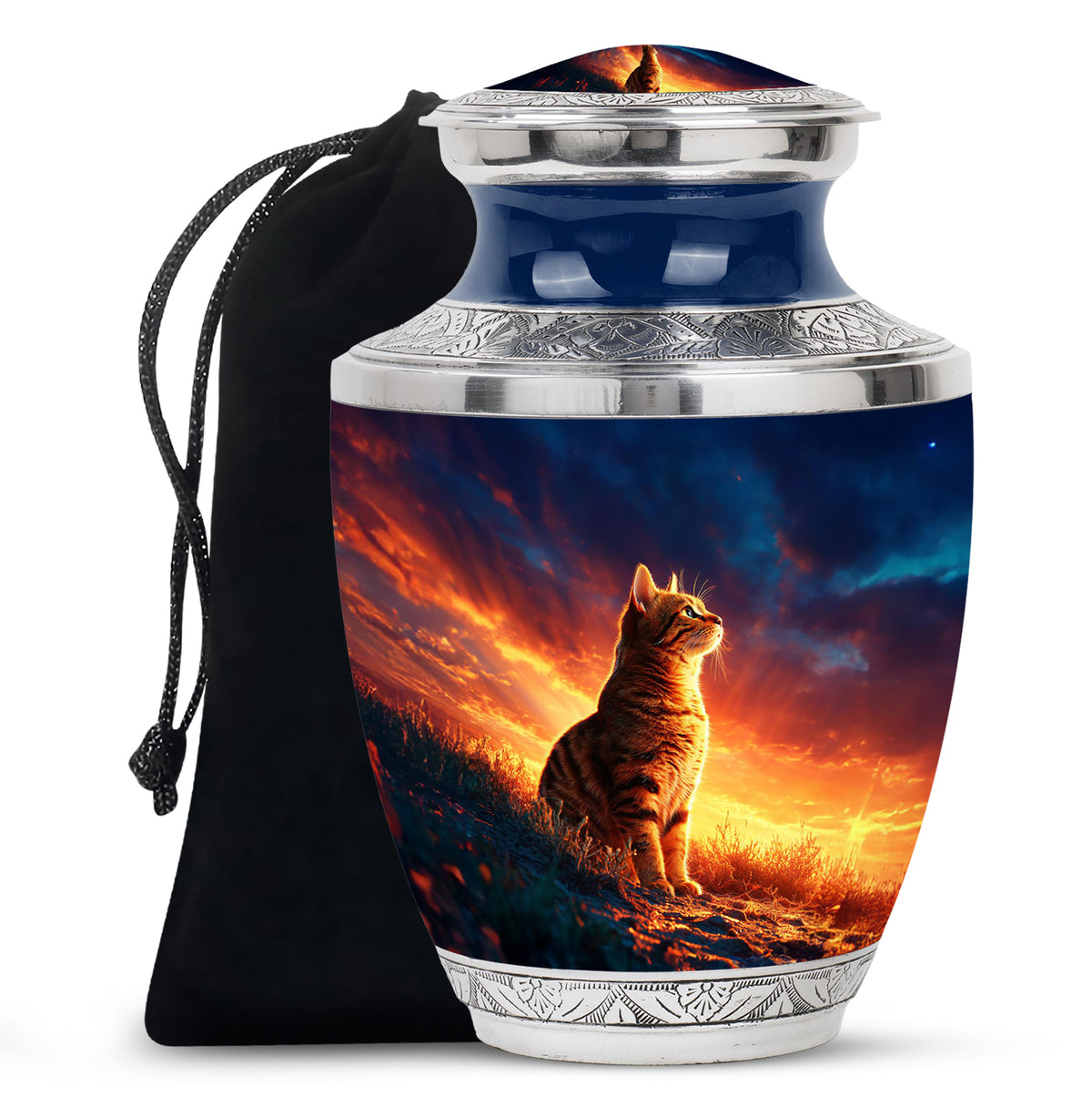Indigo Cat Cremation Urn side profile showing urn shape - modern art-inspired cat motif on sleek aluminum - full-size 10 inch 200 cubic inch adult cremation urn