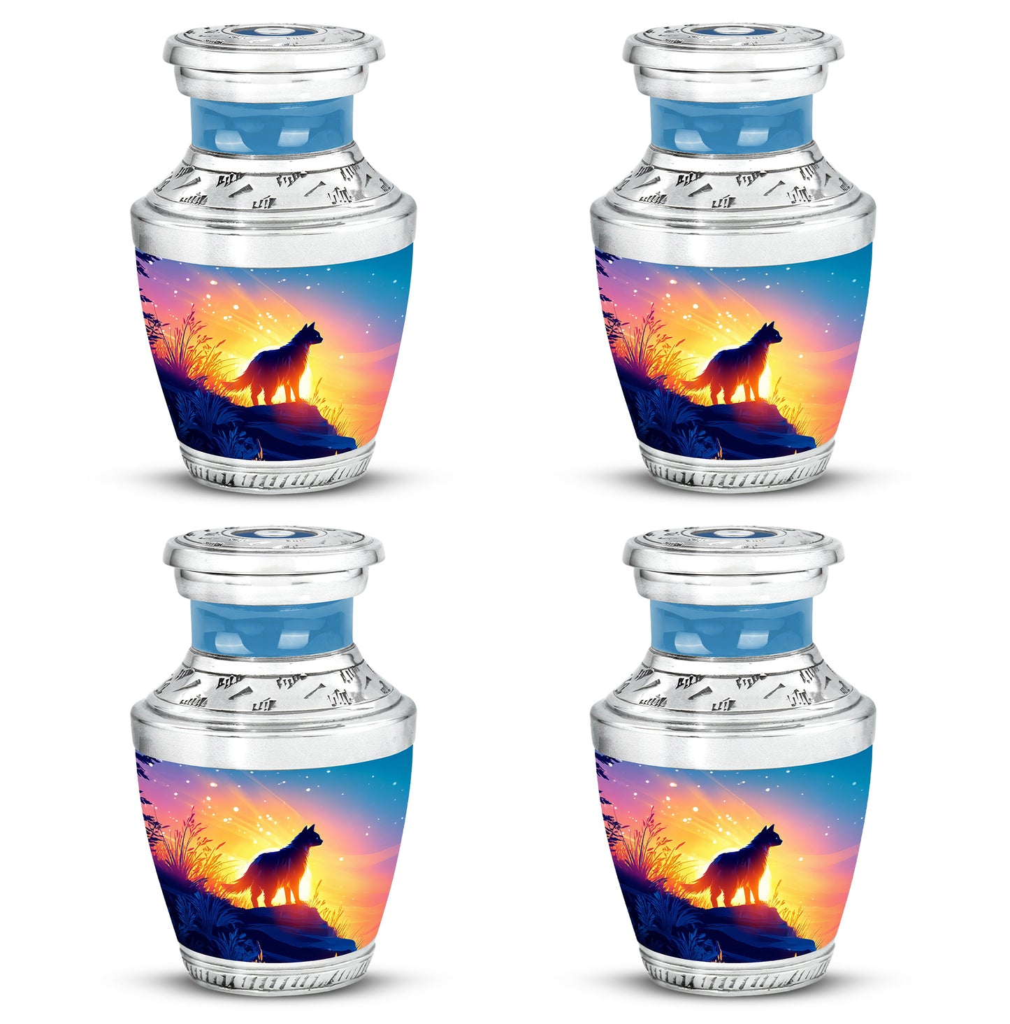 Cornflower Blue Cat Cremation Urn back view with polished surface - stylized abstract cat pattern with bold lines - 10 inch aluminum urn for cremated remains