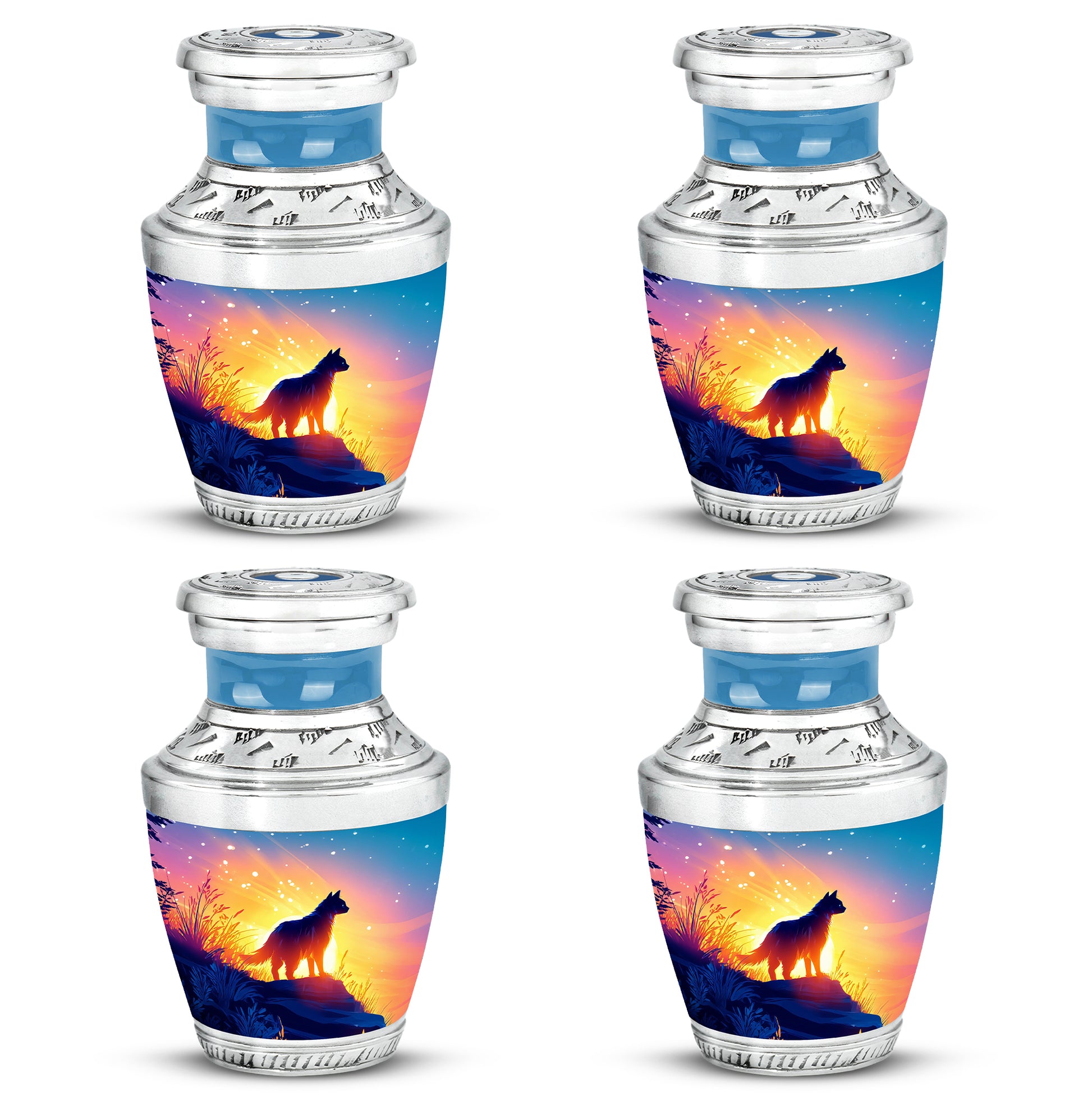 Cornflower Blue Cat Cremation Urn back view with polished surface - stylized abstract cat pattern with bold lines - 10 inch aluminum urn for cremated remains