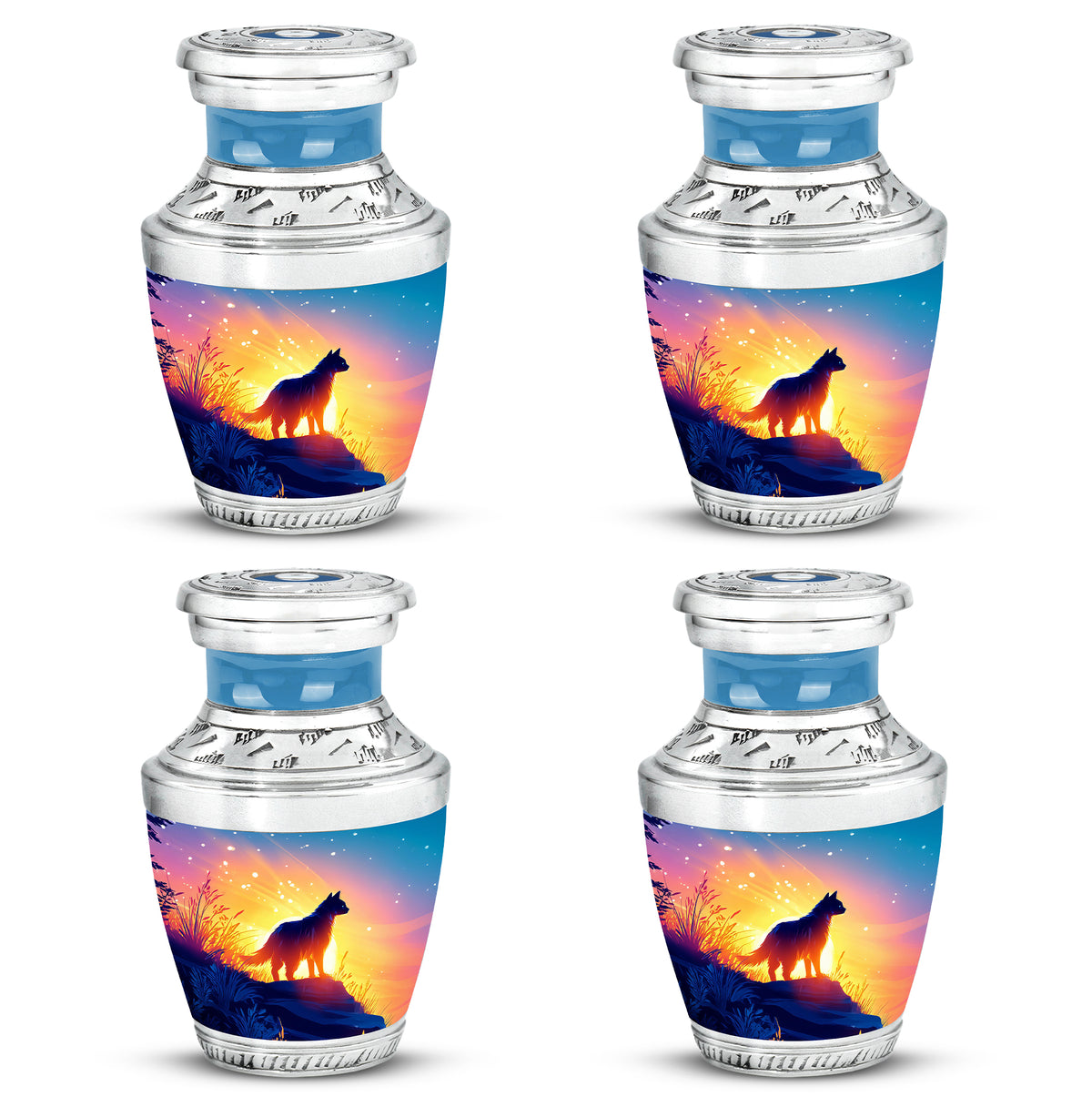 Cornflower Blue Cat Cremation Urn back view with polished surface - stylized abstract cat pattern with bold lines - 10 inch aluminum urn for cremated remains