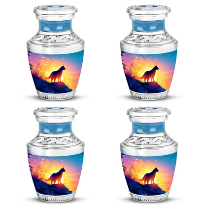 Cornflower Blue Cat Cremation Urn back view with polished surface - stylized abstract cat pattern with bold lines - 10 inch aluminum urn for cremated remains