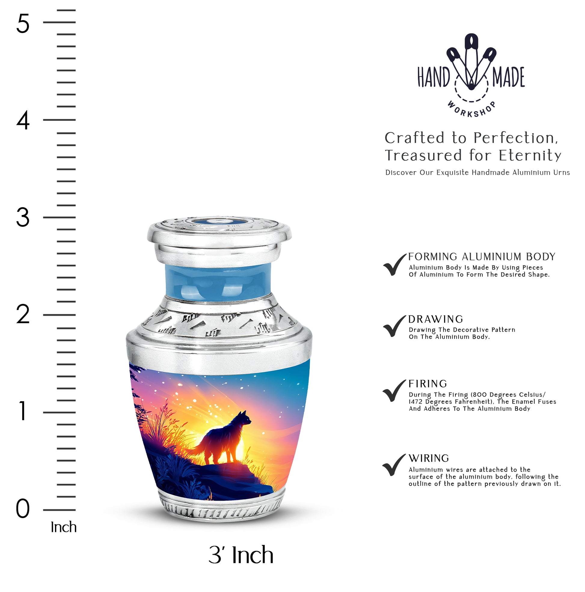 Cobalt Blue Cat Cremation Urn top-down view of secure threaded lid - stylized abstract cat pattern with bold lines - mini keepsake memorial for portion of cremation ashes