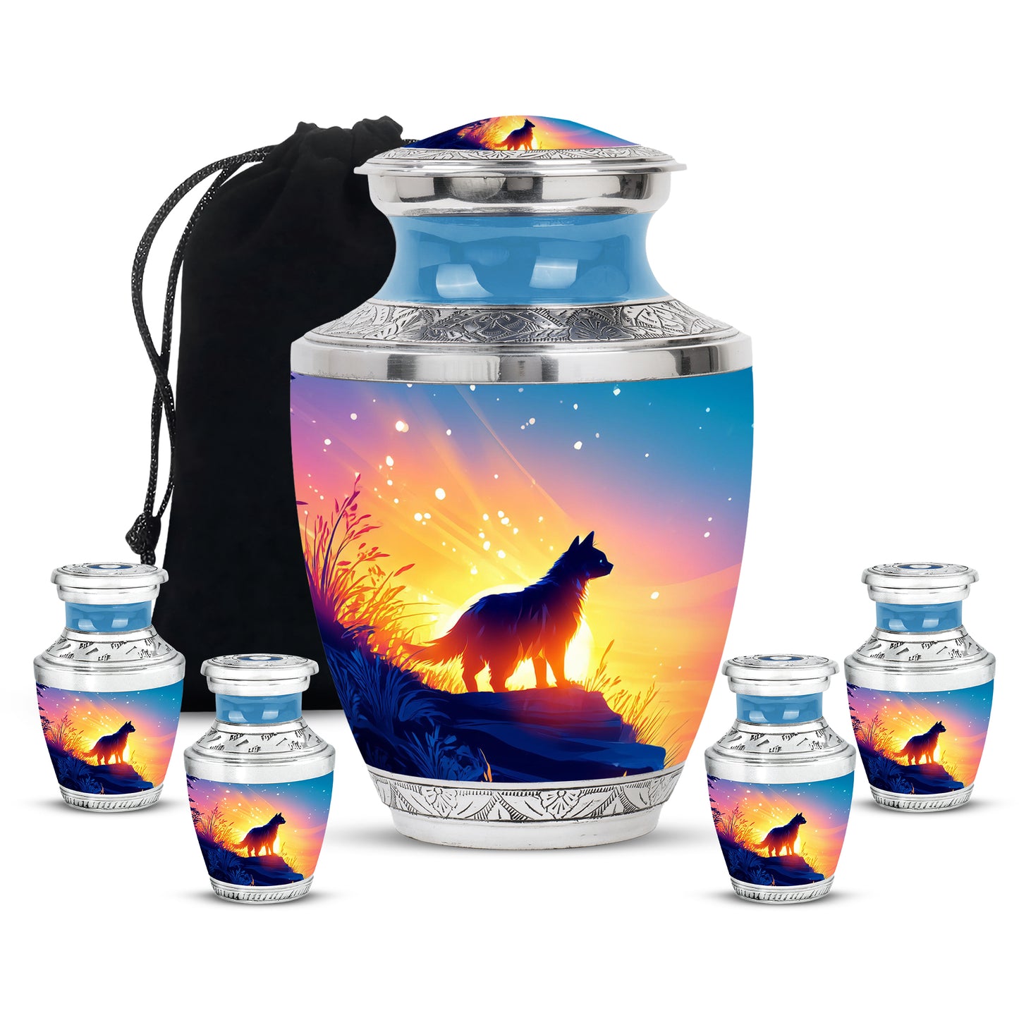 Icy Blue Cat Cremation Urn lifestyle display on memorial shelf - modern art-inspired cat motif on sleek aluminum - memorial set with one large and four small urns