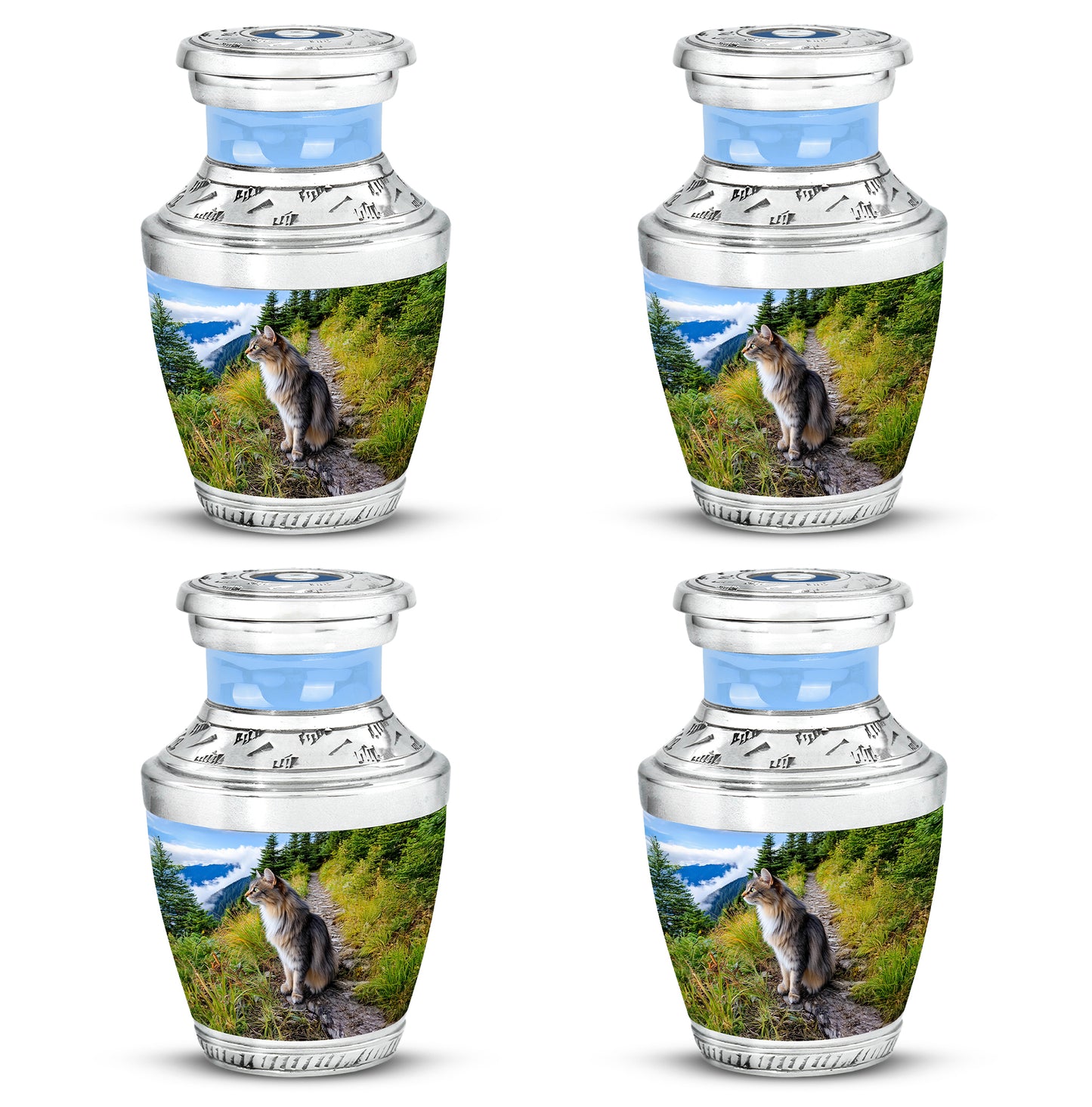 Celestial Blue Cat Cremation Urn back view with polished surface - modern art-inspired cat motif on sleek aluminum - 10 inch aluminum urn for cremated remains