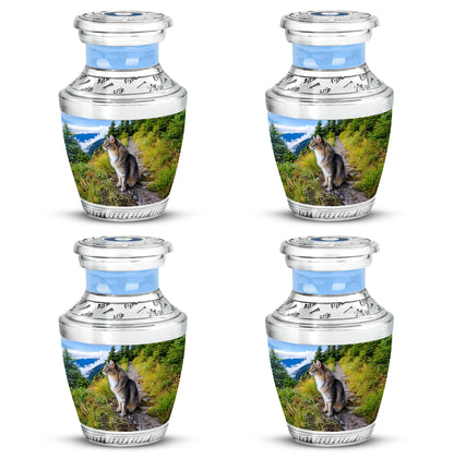 Celestial Blue Cat Cremation Urn back view with polished surface - modern art-inspired cat motif on sleek aluminum - 10 inch aluminum urn for cremated remains