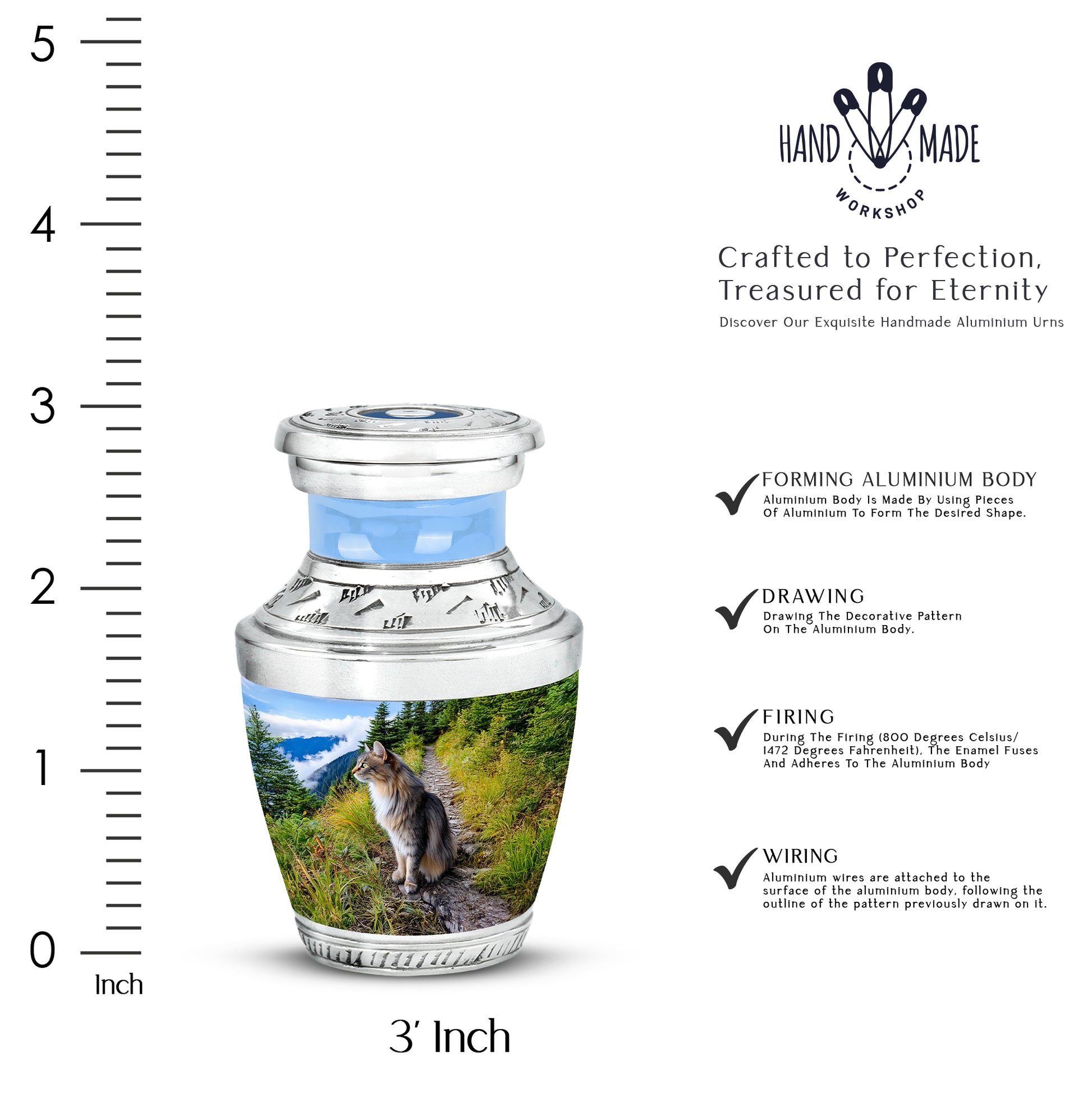 Cornflower Blue Cat Cremation Urn top-down view of secure threaded lid - stylized abstract cat pattern with bold lines - mini keepsake memorial for portion of cremation ashes
