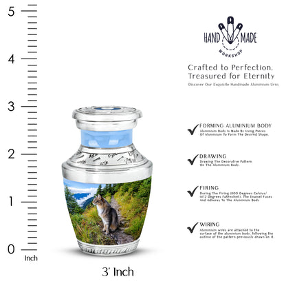 Cornflower Blue Cat Cremation Urn top-down view of secure threaded lid - stylized abstract cat pattern with bold lines - mini keepsake memorial for portion of cremation ashes