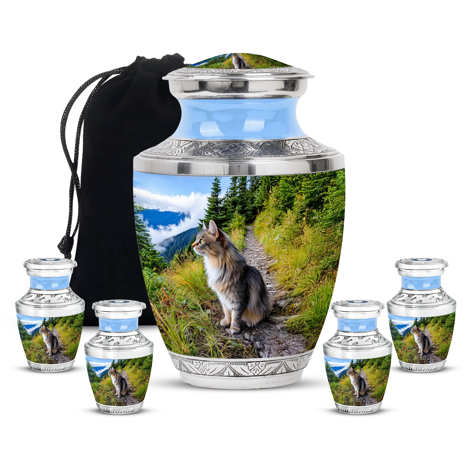 Powder Blue Cat Cremation Urn lifestyle display on memorial shelf - modern art-inspired cat motif on sleek aluminum - memorial set with one large and four small urns