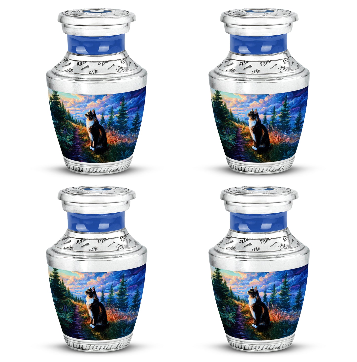 Powder Blue Cat Cremation Urn back view with polished surface - modern art-inspired cat motif on sleek aluminum - 10 inch aluminum urn for cremated remains