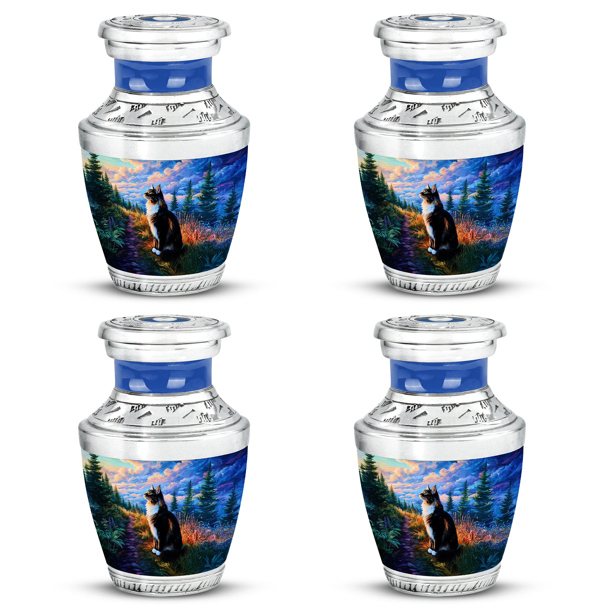 Powder Blue Cat Cremation Urn back view with polished surface - modern art-inspired cat motif on sleek aluminum - 10 inch aluminum urn for cremated remains
