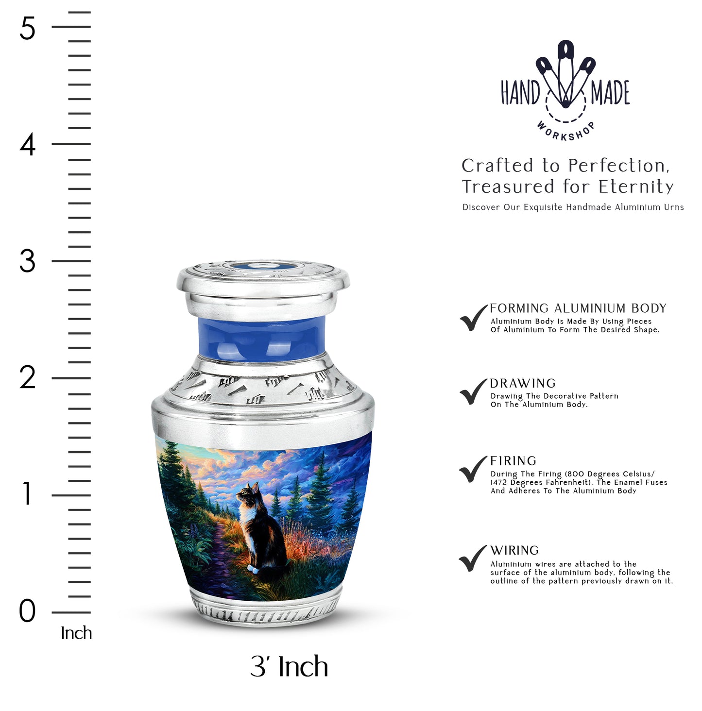 Calming Blue Cat Cremation Urn top-down view of secure threaded lid - artistic cat interpretation with creative detail - mini keepsake memorial for portion of cremation ashes
