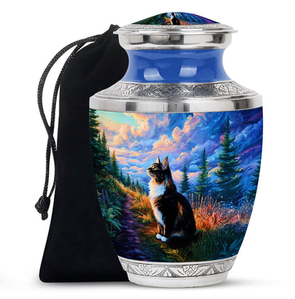 Slate Blue Cat Cremation Urn side profile showing urn shape - modern art-inspired cat motif on sleek aluminum - full-size 10 inch 200 cubic inch adult cremation urn