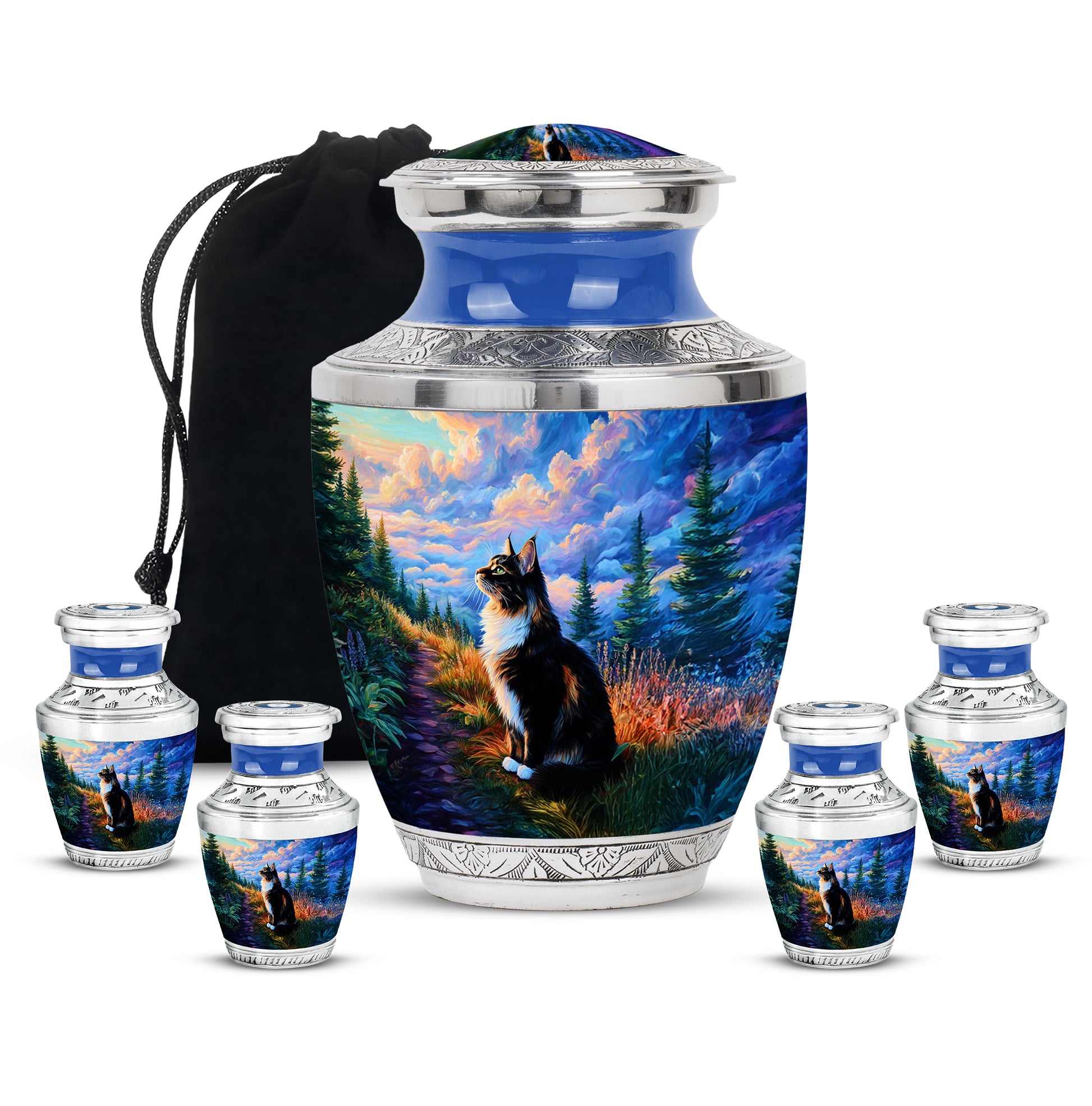Slate Blue Cat Cremation Urn lifestyle display on memorial shelf - modern art-inspired cat motif on sleek aluminum - memorial set with one large and four small urns