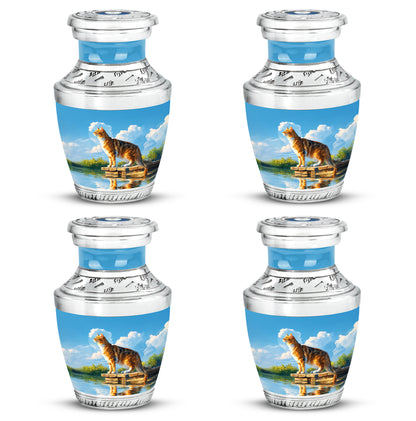 Soft Blue Cat Cremation Urn back view with polished surface - stylized abstract cat pattern with bold lines - 10 inch aluminum urn for cremated remains