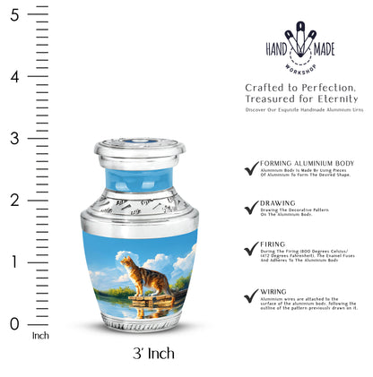 Twilight Blue Cat Cremation Urn top-down view of secure threaded lid - artistic cat interpretation with creative detail - mini keepsake memorial for portion of cremation ashes