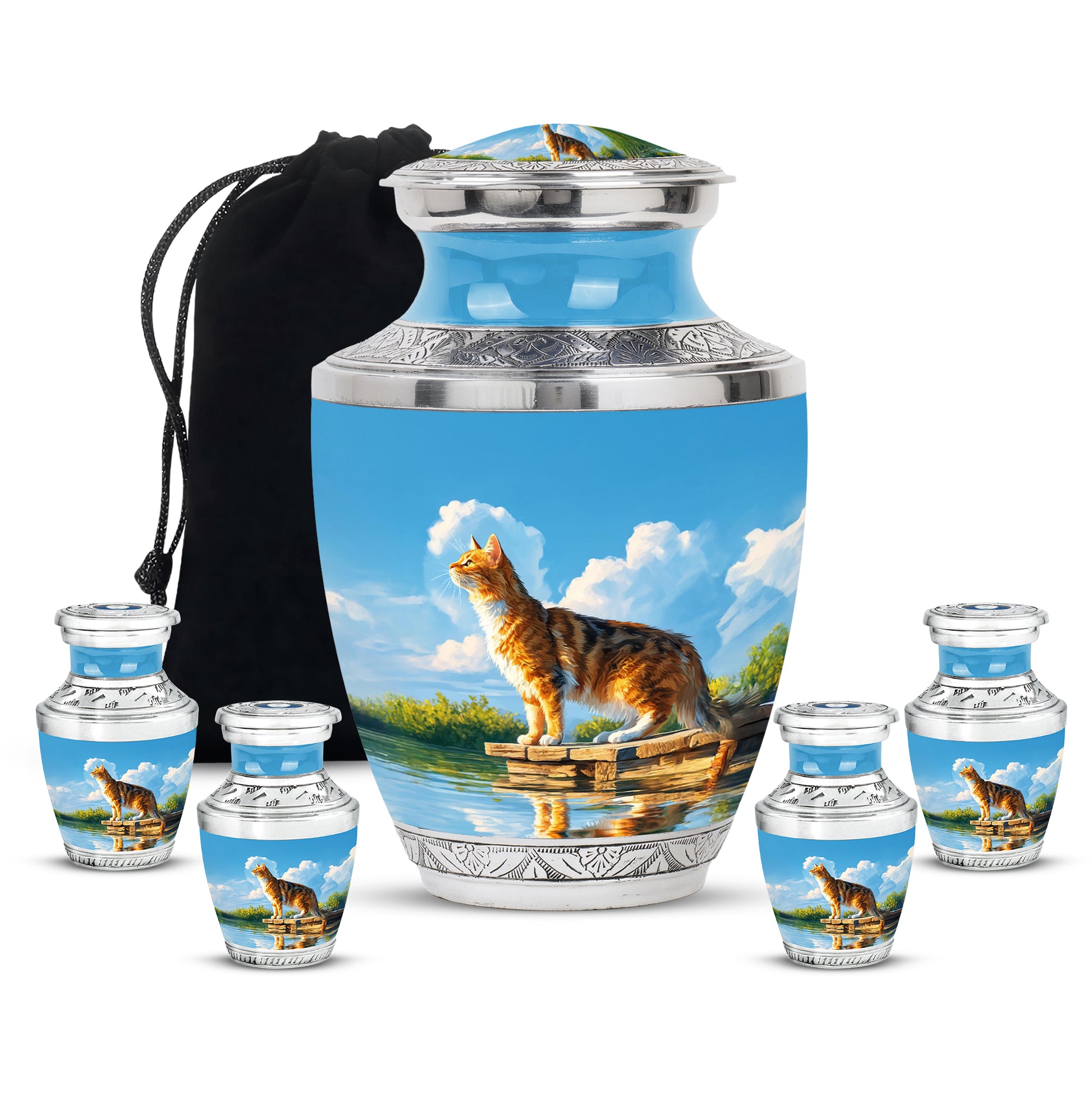 Steel Blue Cat Cremation Urn lifestyle display on memorial shelf - artistic cat interpretation with creative detail - memorial set with one large and four small urns