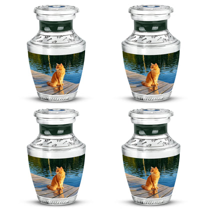 Forest Green Cat Cremation Urn back view with polished surface - stylized abstract cat pattern with bold lines - 10 inch aluminum urn for cremated remains
