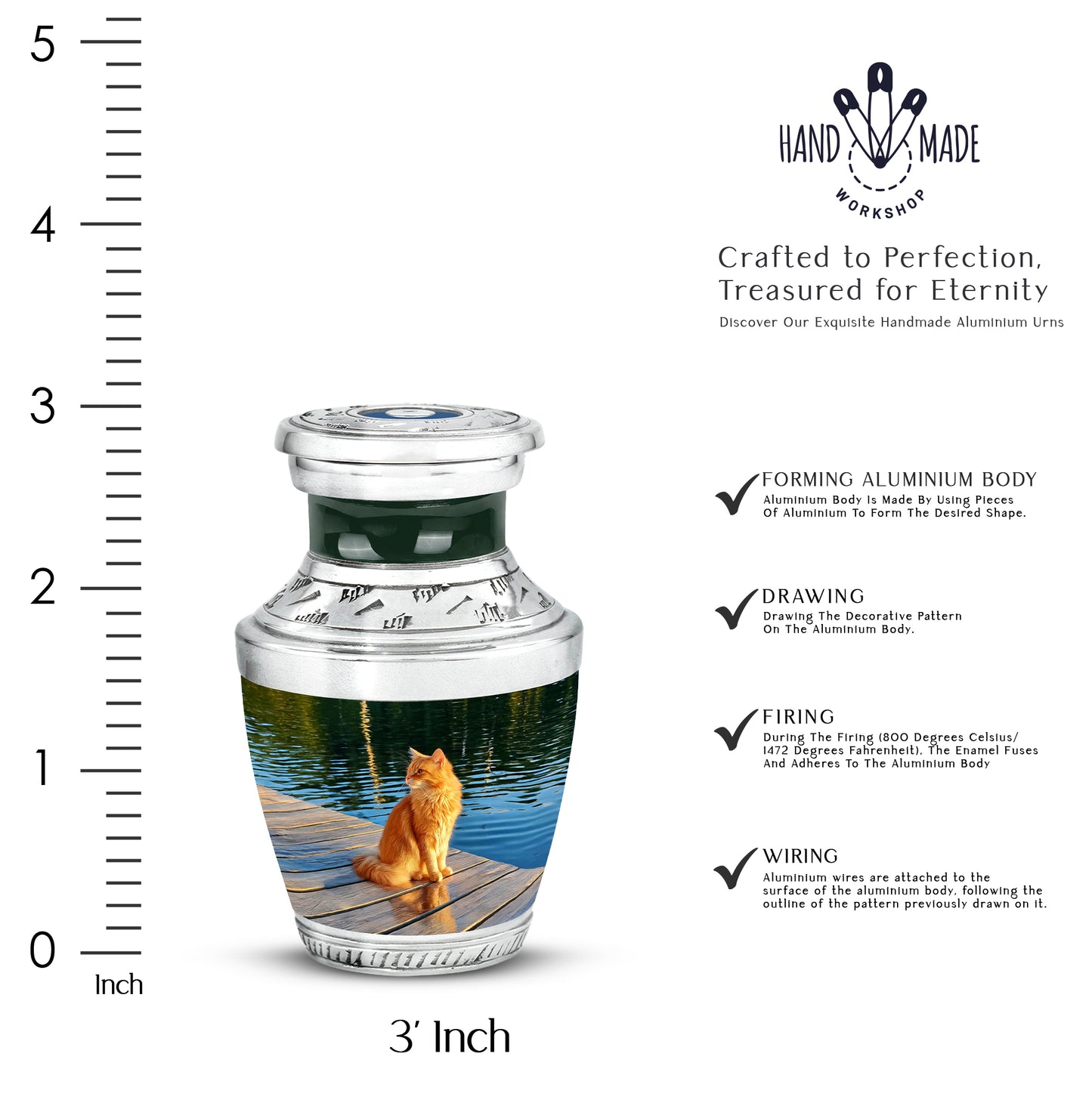 Verdant Green Cat Cremation Urn top-down view of secure threaded lid - modern art-inspired cat motif on sleek aluminum - mini keepsake memorial for portion of cremation ashes